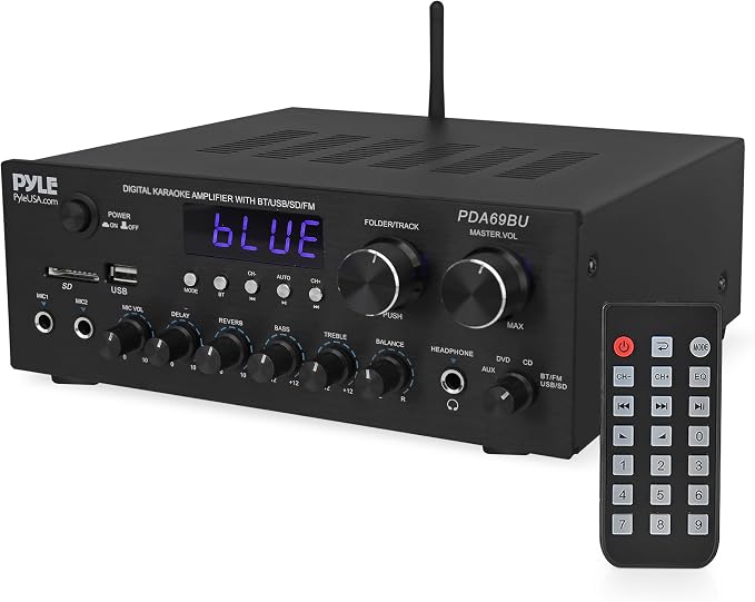 Pyle Home Karaoke Amplifier Receiver with Bluetooth Streaming, 200 Watt Peak, Dual Mic Inputs with Delay and Reverb, 2.0 Channel Hi Fi Sound System, USB-A Input w MP3 Player, RCA/Aux Inputs - PDA69BU
