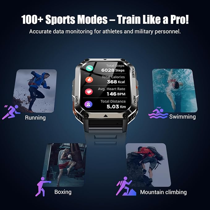 Military Tactical Smart Watches for Men, 100-Day Battery Rugged Fitness Watch with Compass & Flashlight, Sports Watch for Android with 2.01" HD Display AI Voice, IP68 Waterproof Smartwatch (Black)