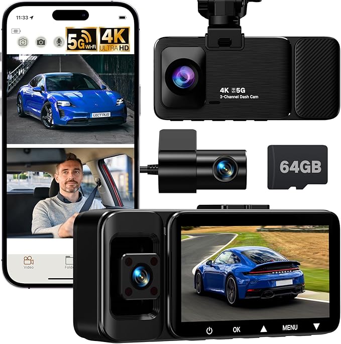 4K Dash Cam Front and Rear Inside, 3 Channel Dash Camera for Cars with 64GB SD Card, 5G WiFi Dash Cam, APP Control, Night Vision, 3" IPS Screen, G-Sensor, Loop Recording, K02 Pro