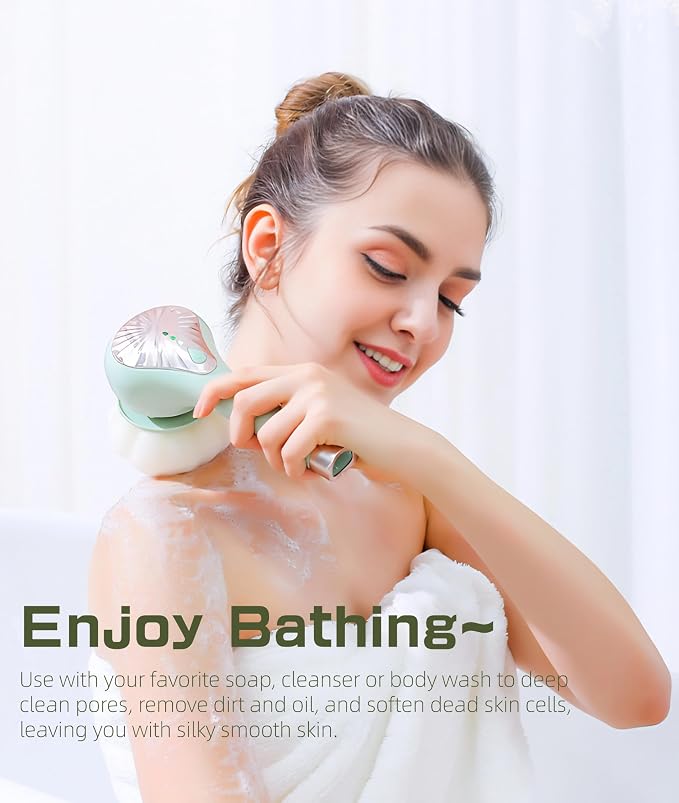 Electric Body Brush Back Scrubber for Shower, IPX6 Water Proof Bath Brush with Long Handle, 6 Heads 3 Speeds Rechargeable Electric Spin Scrubber for Cleanse, Massage, Exfoliate