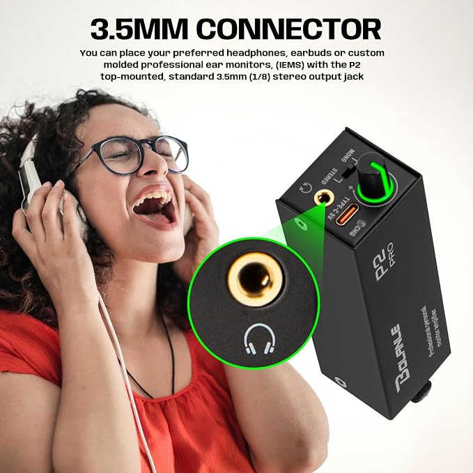 Bolanle P2 USB-C Portable in-Ear Monitor Amplifier, 5V DC/AAA Battery, XLR/TRS Input 3.5mm Output, LED, Stereo/Mono Switch for Keyboardists, Drummers, Live Stage (Single Channel-Black)