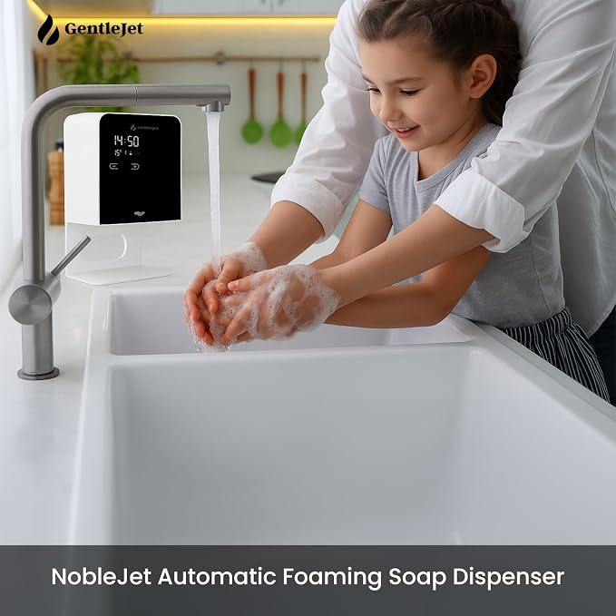 GentleJet NobleJet Automatic Foaming Soap Dispenser Touchless Sensor, LED Display, 5 Foam Levels, Wall Mount or Countertop, Rechargable USB-C or Battery Powered, Aluminum Alloy, 480 ml Refillable