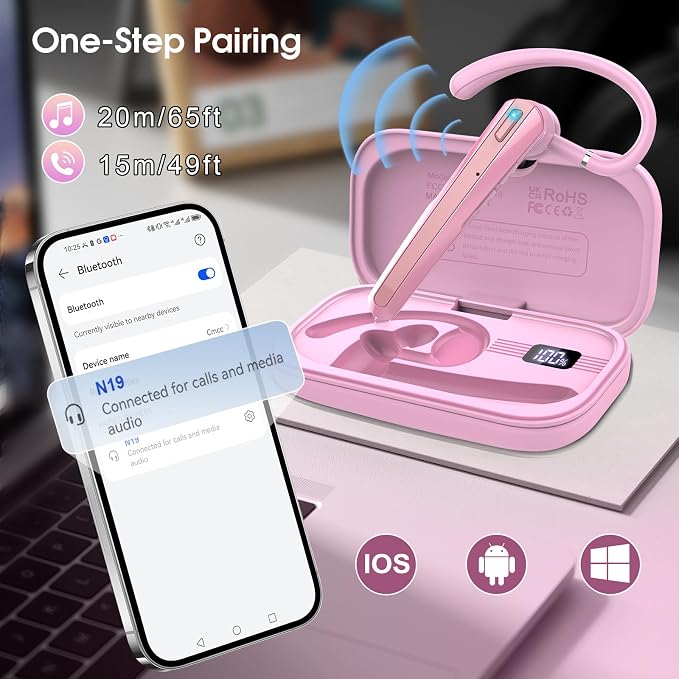 Bluetooth Headset V5.3, Wireless Headset with ENC Noise Canceling Mic, 120Hrs Talk Single-Ear Bluetooth Earpiece, LED Display, IP7 Waterproof Hand-Free Earphone for Business/Trucker/Driver, Pink