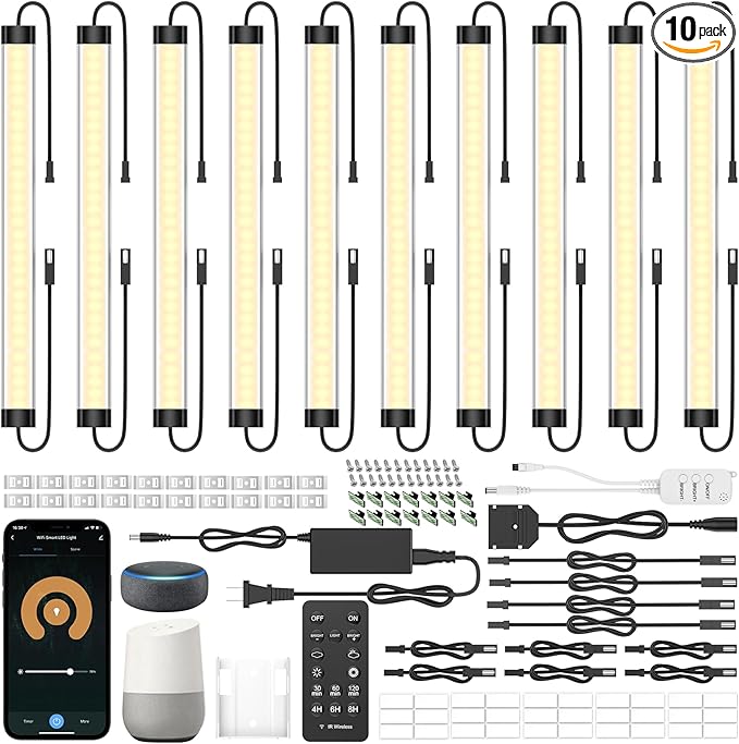 LABOREDUCER Under Cabinet Lights Plug in 10 Pack,11inch Ultra Thin LED Dimmable Closet Lights with Remote and Alexa Google APP,Under Counter Light for Kitchen,Cabinet,Workbench (10Pack Warm White)