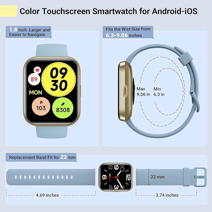 Quican Smart Watches for Men Women, Compatible with iPhone & Android | Sky Blue Fitness Tracker Smartatch with Alexa, Call & Notification Alerts, Tracks Heart Rate/Sleep Monitor