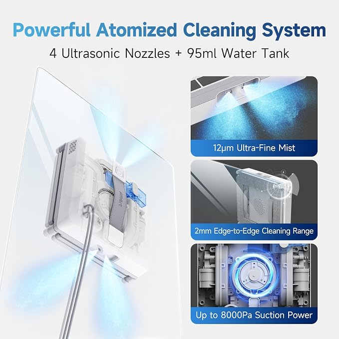 FMART W5 Mini Window Cleaning Robot, 4-Way Ultrasonic Spray, 8000Pa Suction, Ultra-Slim 2.36 in, Edge-Cleaning Route, Smart Path Planning, 9-Stage Safety, Anti-Falling