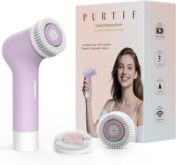 Electric Facial Cleansing Brush,Rechargeable Face Wash Machine,Bristle & Silicone Face Scrubber exfoliator,3 Dual-Ring Rotating Speeds,Waterproof, Exfoliating & Massage,for Women & Men Skincare