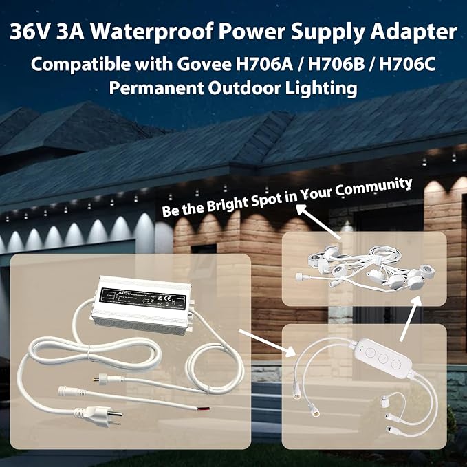 White 36V Waterproof Power Adapter for Govee Permanent Outdoor Light - IPX6 Weatherproof Power Supply Cord Charger PSU, Compatible with Govee H705D/H705E/H705F