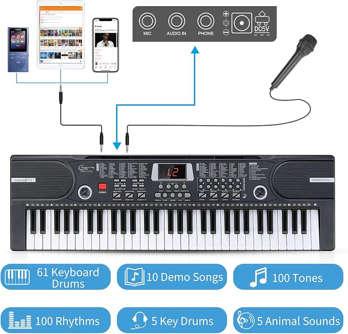 Piano Keyboard, 61 Keys Beginner Electronic Keyboard Portable Digital Music Keyboard, Early Education Music Instrument with Microphone & Music Sheet Stand