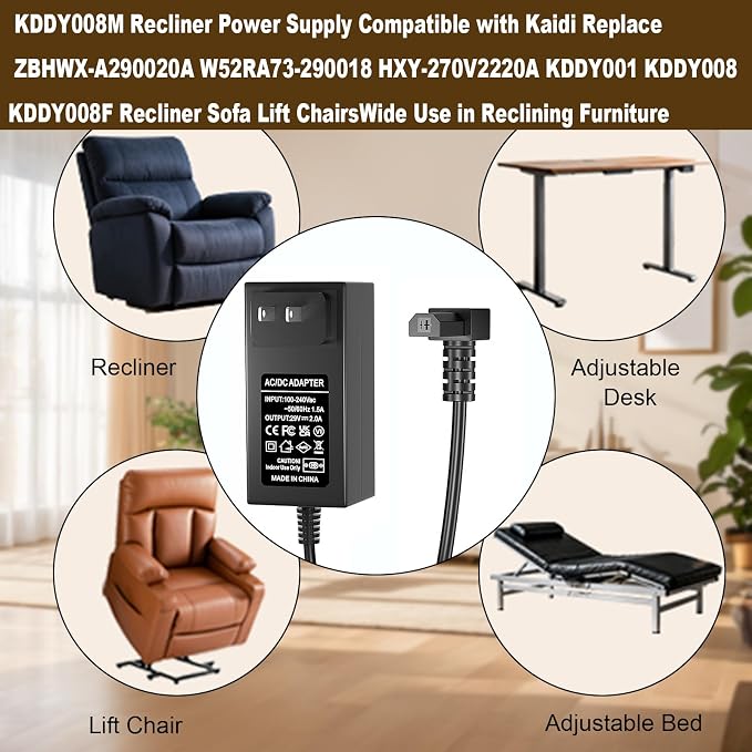 KDDY008M Power Adapter Compatible with Kaidi Replace ZBHWX-A290020A W52RA73-290018 HXY-270V2220A KDDY001 KDDY008 KDDY008F Recliner Sofa Lift Chairs Power Supply Cord Charger