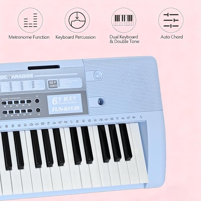 61 Key Electronic Keyboard Piano with Lighted Up Keys, Musical Mini Keyboard Piano with keyboard stand, Digital Portable Synthesizer Keyboards for Beginners Kids Adults (Blue)