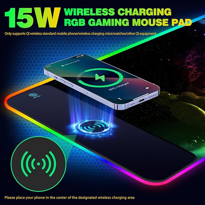 AIMSA Wireless Charging RGB Gaming Mouse Pad 15W, Extended LED Desk Mat Protector 800x300x4MM, 14 Light Modes Extra Large Mousepad Non-Slip Rubber Base Desk Mat, Nebula Universe