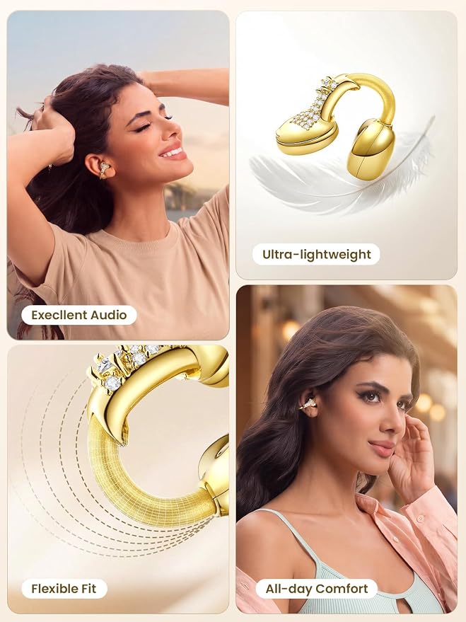 JewelPods C3 Wireless Bluetooth Earbuds, Jeweled Open-Ear Headphones, Gold | Ultra-Light Memory Wire Clip-On Earrings for All-Day Comfort, 60H Playtime, Sweat & Water Resistant, Premium Sound