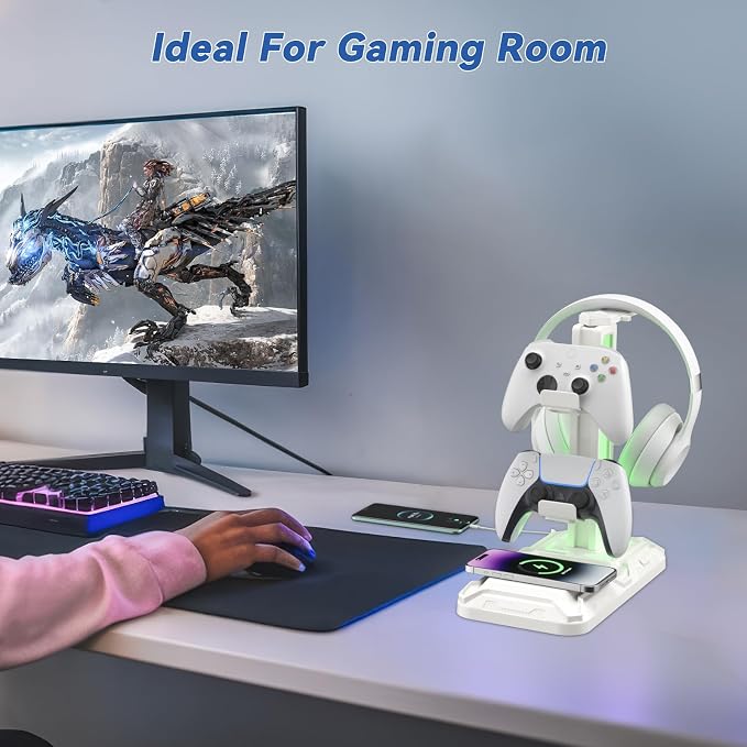 KDD RGB Headphone & Controller Stand with Wireless Charging - Rotatable Headset Stand with 9 Light Modes - Controller Holder with 2 USB and Type C Ports - for Gamers Desktop Accessories(White)