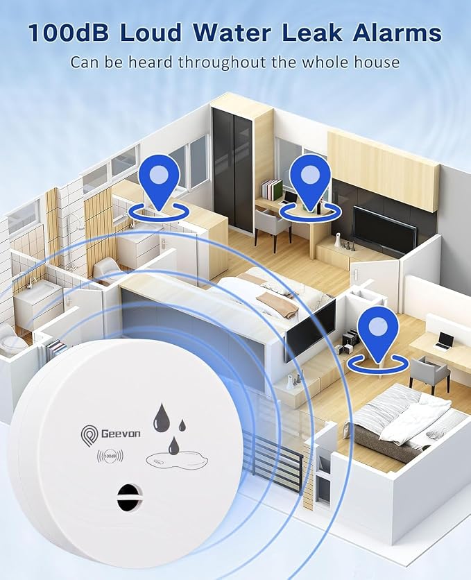 Geevon 3 Pack Water Leak Detectors, 100dB Water Sensor Alarms Flood Detector for Basements, Bathrooms, Laundry Rooms, Kitchens, Garages, and Attics, Water Alarms Battery-Operated (Battery Included)