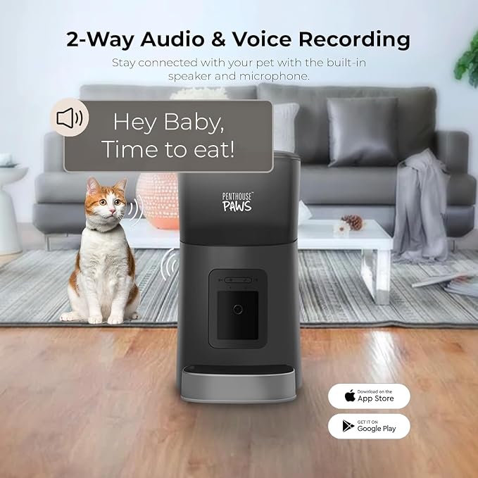 Penthouse Paws Smart HD Pet Feeder, 6L Dry Food Capacity, 1080p Camera, 2-Way Audio, Scheduled Meals, Backup Power, Easy to Clean, Anti-Jam Design for Cat & Dog, Black/Stainless Steel