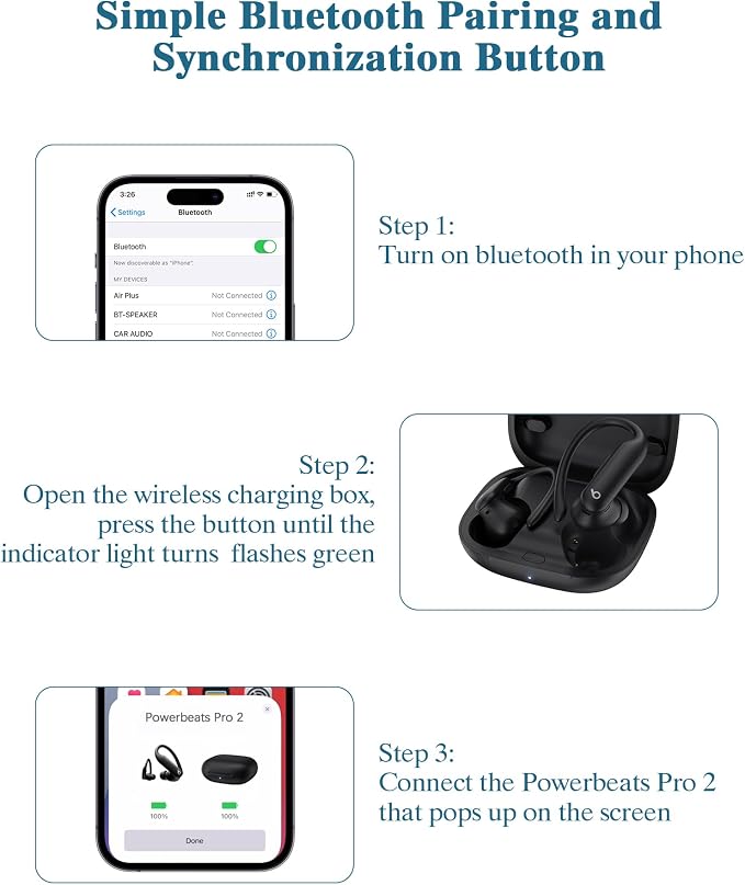 Replacement Charging Case Compatible with Powerbeats Pro 2: Wireless Charger Case with Bluetooth Pairing Button, 600mAh Battery, USB-C Charging Cable Included