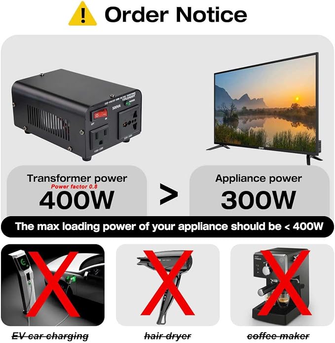Yinleader 500W Voltage Transformer Power Converter(110V to 220V, 220V to 110V) Step Up/Down Converter 110/120 Volt - 220/240 Volt w/US Power Cord [300W Continuous Power]