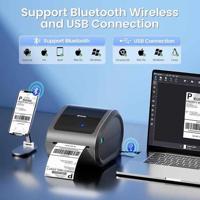 D520BT D520 Bluetooth Shipping Label Printer&500Pcs Thermal Labels, Wireless Thermal Label Printer for Small Business