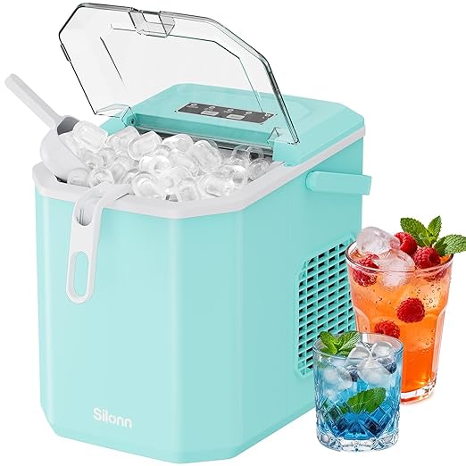 Silonn Ice Maker Countertop, Portable Ice Machine with Carry Handle, Self-Cleaning Ice Makers with Basket and Scoop, 9 Cubes in 6 Mins, 26 lbs per Day, Ideal for Home, Kitchen, Camping, RV