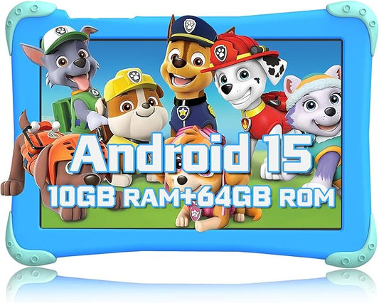 Fivahiva Kids Tablet 10 inch, Android 15 Tablet for Kids 3-7, 10GB RAM 64GB ROM, Octa-Core, 6000mAh, Ad-Free Content, Large HD IPS Display, WiFi 6, Dual Camera, Bluetooth (Blue)