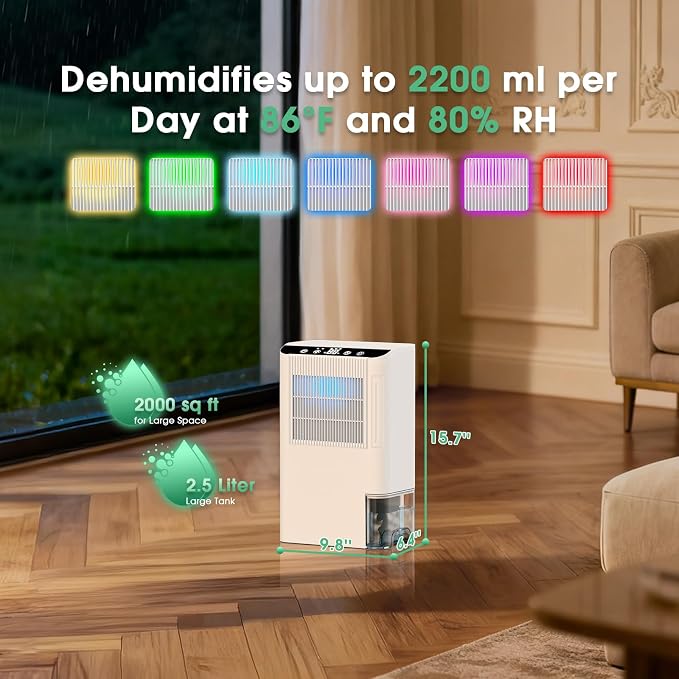 Dehumidifiers for Home, 2000 Sq.Ft Small Dehumidifier with 3.3ft Drain Hose, 2.5L Tank, Timer Sleep Mode, Portable Dehumidifier for Basement, Bedroom, Bathroom (Snow White)