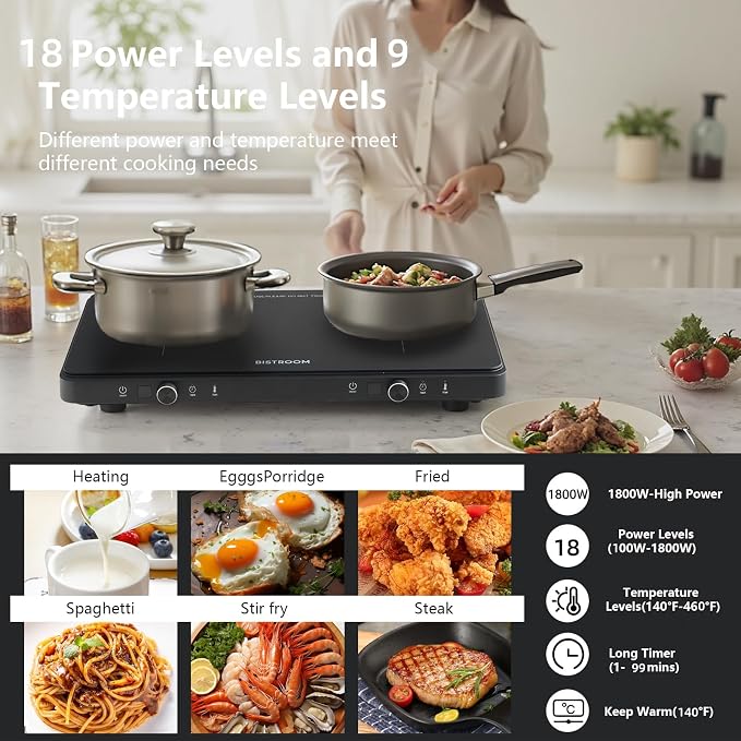 Double Induction Cooktop: Apartment-Friendly Dual Burner with Precision Temp Control (140°F-460°F) – No Breaker Trips, Perfectly Seared Steak & Never-Burnt Eggs