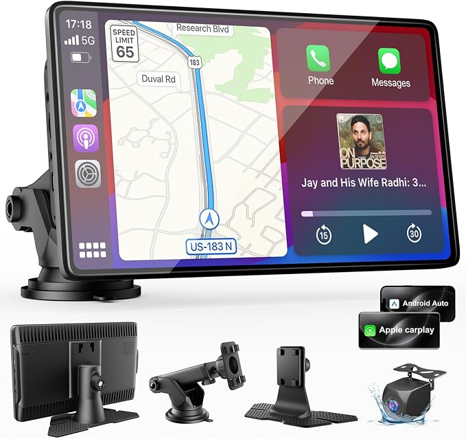 CarPlay Screen for Car, 9" Wireless Apple CarPlay & Android Auto with 1080P Backup Camera, Night Vision, GPS Navigation, Mirror Link, Voice Control, Bluetooth/FM/AUX Audio, Plug & Play Dashboard Mount