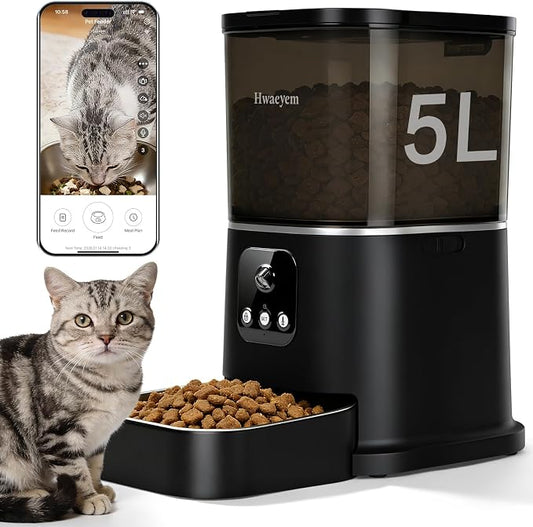 Automatic Cat Feeder with Camera, 5L/28 Cups WiFi Cat Auto Feeder with Two-Way Audio, App Control, Strong Anti-Jam System Smart Timed Cat Feeder with Night Vision for Small Pets Indoor