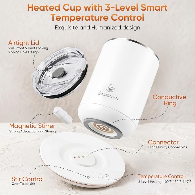 Self Stirring Coffee Mug, Self Heating Coffee Mug, Heated Cup with 3-Level Smart Temperature Control, Auto Shut-Off Electric Coffee Cup Warmer with Detachable Base, Gift for Family Friends (White)