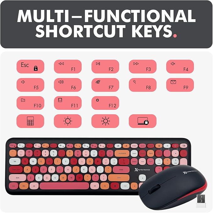 X9 Cute Wireless Keyboard and Mouse Combo - 2.4G Colorful Keyboard and Mouse Wireless with Retro Multi-Colored Typewriter, Keycaps for Windows Computer Keyboard, Laptop - Black