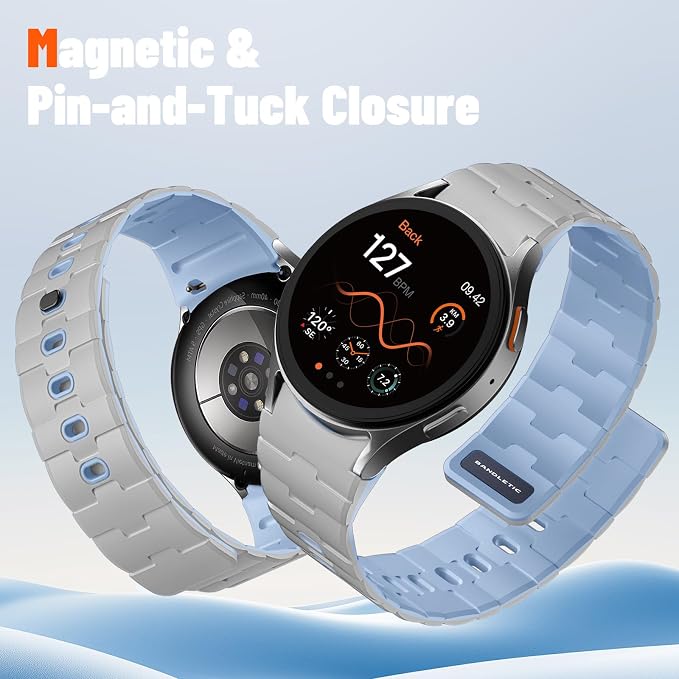 Bandletic Strong 20 Magnetic Bands Compatible with Samsung Galaxy Watch 7/FE/6/5/4 Band 40mm 44mm/Galaxy Watch 5 Pro 45mm/Watch 6 4 Classic 42mm 46mm 43mm 47mm, LightGrey IceBlue