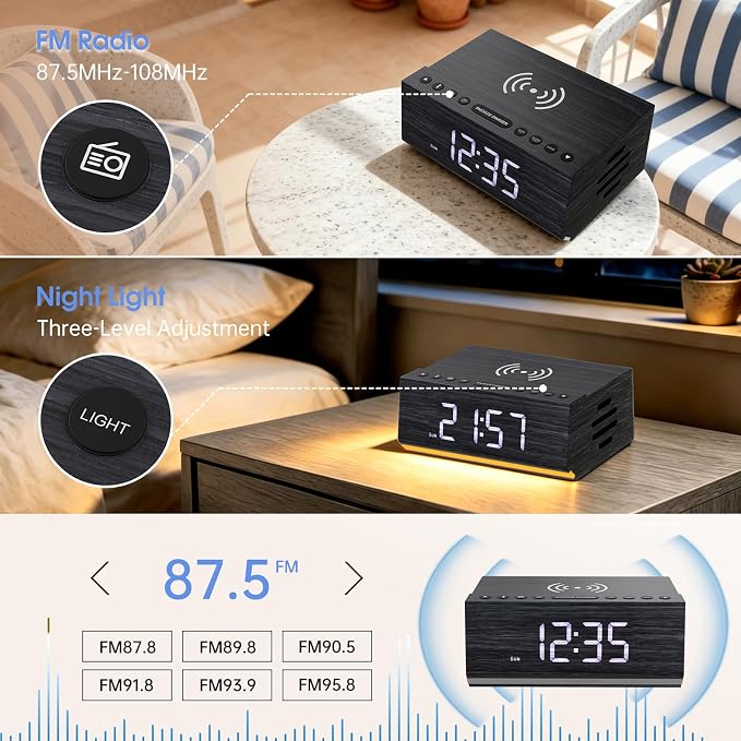 Hoifen Wooden Digital Alarm Clock with Wireless Charging, Bluetooth Speaker & FM Radio, Dual Alarms, Night Light, Dimmable Display, USB Port, 9-Min Snooze – Bedside Clock Home Decor Gift (Black)