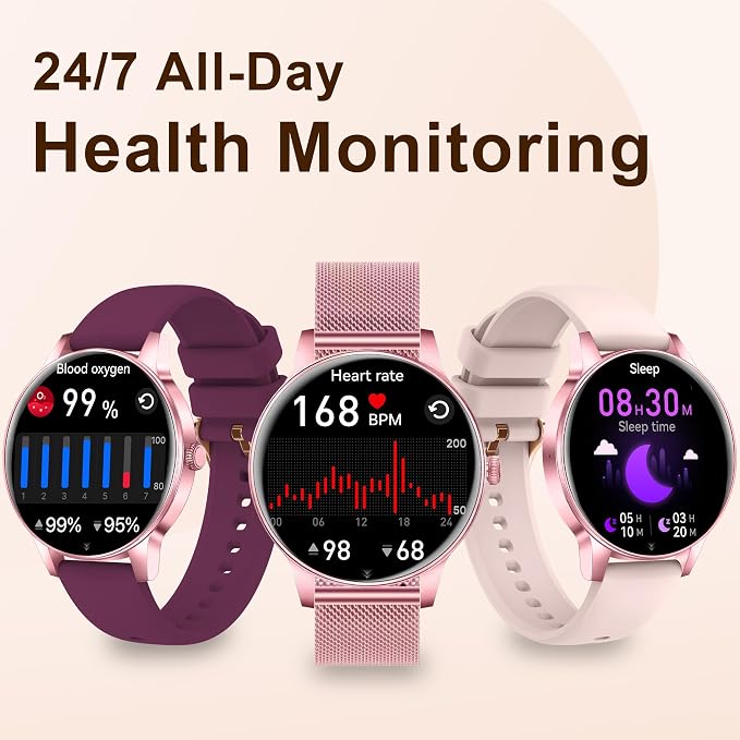 Smart Watches for Women, 1.27" HD Smart Watch for Android Phones & iPhones, Smartwatch Answer/Make Calls, Fitness Tracker with Heart Rate/Sleep/SpO2 Monitor, 110+ Sport Modes, 3 Bands (Pink)