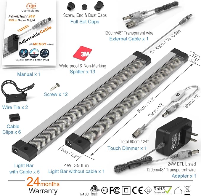 EBD Under Cabinet Lights Plug in 6 Pcs 12 Inch, Dimmable No Messy Wires Built-in Adjustable Cable Counter Lighting, 3000K 2700LM, 1 Pcs Extension Cables for Kitchen Home Office, Memory for Smart Plug.