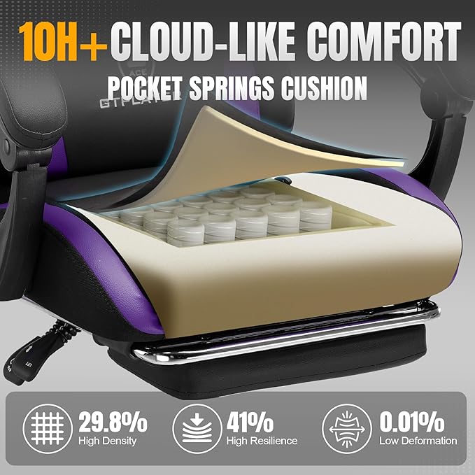 GTPLAYER Gaming Chair with Foot Rest & Pocket Spring Cushion, Ergonomic High Back Computer Chair with Headrest & 360°-Swivel Seat for Home Office Desk, PU Leather, Purple