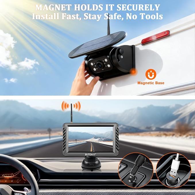X5 Magnetic Solar Wireless Backup Camera with 5" HD Monitor, 1-Min Zero-Install for RV Truck Trailer, 320ft Signal Range, 15000mAh Battery & 5W Solar Panel Back Up Camera