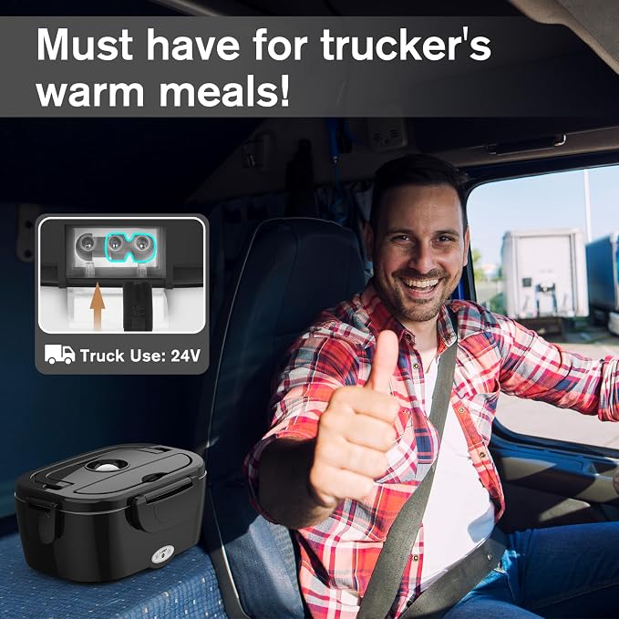 Vabaso Electric Lunch Box for Adults, 80W Heated Lunch Box with Dual 1.5L Stainless Steel Containers, Portable Food Warmer for Men Work Car Truck, 12V/24V/110V/220V -Black