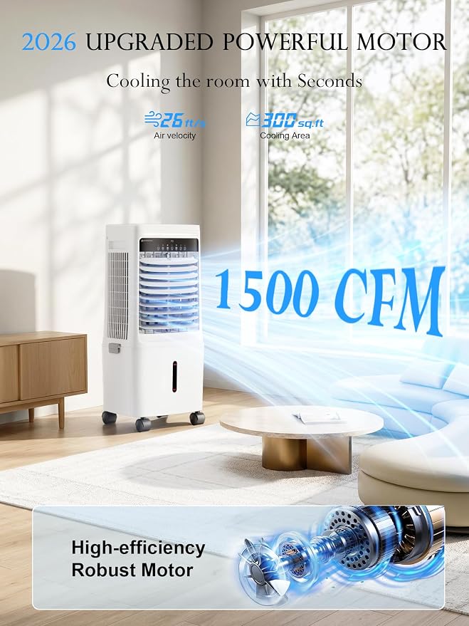 Uthfy 1500CFM Swamp Cooler Air Conditioner, Evaporative Cooler with Dual Water Tanks for 24H Cooling, 120° Oscillating, Ambient Light, 4 GAL Detachable Water Tank, 12H Timer, Portable AC,27 Inch