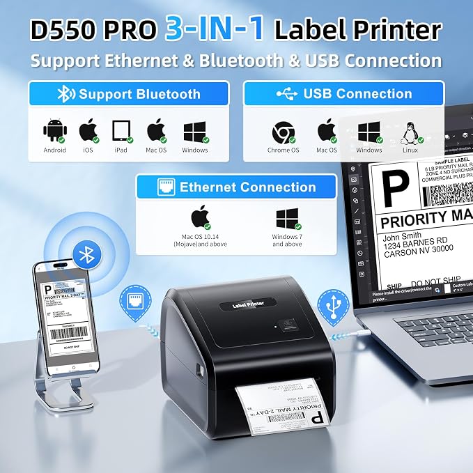 Bluetooth Thermal Label Printer 4x6, Ethernet Shipping Label Printer, D550 Pro Wireless Thermal Labels Printers for Small Business,Office, Home,Support Bluetooth/Ethernet/USB