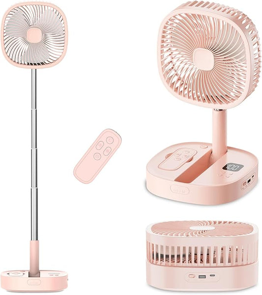 Portable Oscillating Pedestal Fan with Romote, 4 Speed 120° Telescopic Rotation Foldable Standing Collapsible Fans, 7200Mah Rechargeable, Quiet Timer DeskFan for Travel Camping Home, Pink