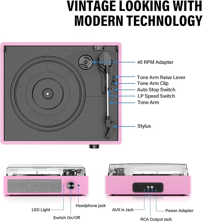 Vinyl Record Player with 2 Stereo Speakers Belt-Driven Vintage Turntables 3 Speed 3 Size Wireless Bluetooth Playback AUX-in RCA Out Headphone LP Vinyl Players Auto Stop Pale Pink