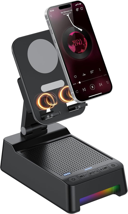 Wireless Induction Speaker, 5 in 1 Bluetooth Speaker with Phone Stand and Power Bank(3000mAh), Birthday Gifts for Men Women Teens, LED Lights 360° Rotation Phone Holder Compatible with Phones iPad