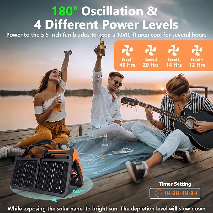 Battery Solar Powered Fan with LED Light & Flashlight, 180° Oscillation 26000mAh Ventilador Recargable Camping Fan 10W Fast Charging Solar Dual-Panel Portable Cordless Fans for Outside, Beach, Hiking