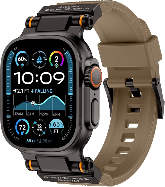 FOAMUNOC Rugged Band Compatible with Apple Watch Ultra 3/2/1 Band 49mm/46mm/45mm/44mm/42mm, Metal Connector with Strap for iWatch Ultra Series 11/10/9/8/7/6/SE3/SE2/SE/5/4/3/2/1, Desert Tan/Black