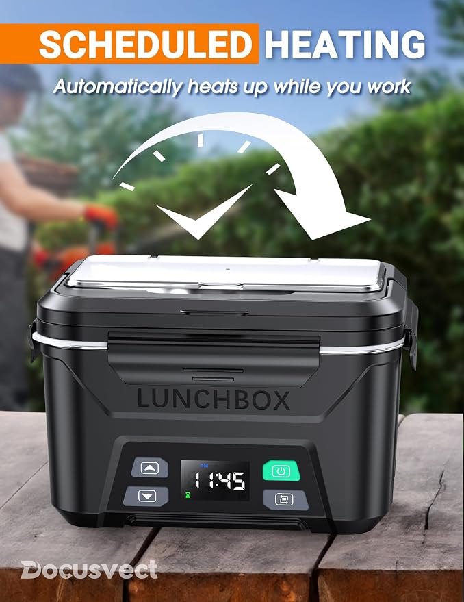 Docusvect Rechargeable Heated Lunch Box for Men, 1.5L Cordless Electric Lunch Box for Adults with Smart Scheduled Heating, Portable Food Warmer with Complete Accessories