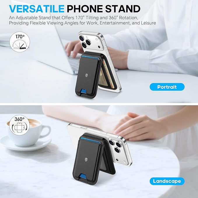SHIELDON Genuine Leather Strong Magnetic Wallet for MagSafe, Phone Wallet Stand for Men Women, 6 Card Holders, Angle Adjustment, RFID Blocking, Compatible with iPhone 17/16/15/14/13/12 Series - Black