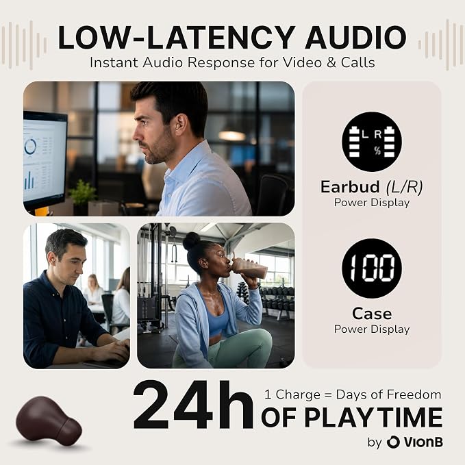 Air VionB Skin Tones Invisible Earbuds for Small Ears - Wireless Bluetooth 5.4, Skin-Matching Mini Stemless Ear Buds, IPX5 Waterproof, ENC Noise Cancelling, Discreet for Work (Deep Espresso)