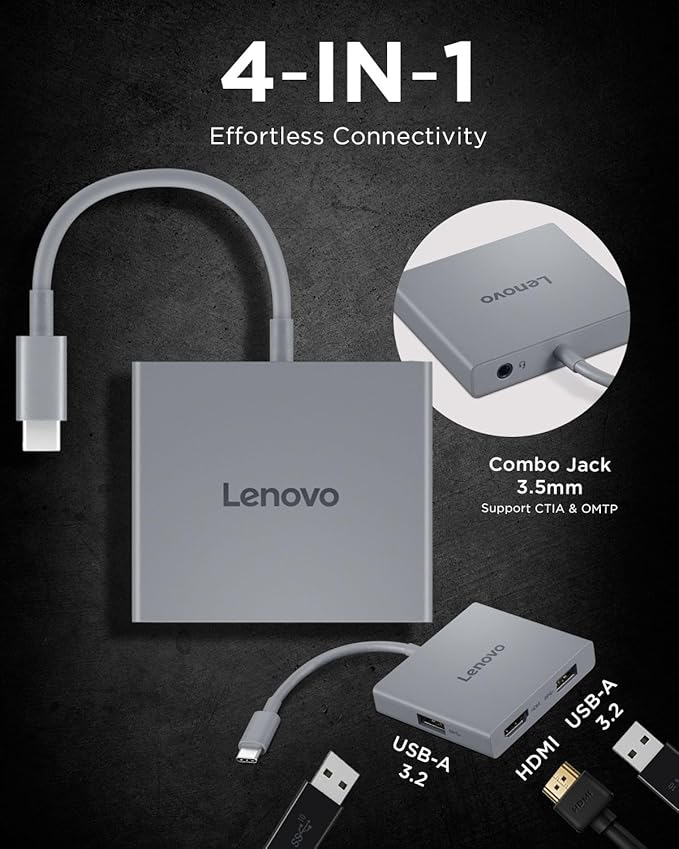 Lenovo USB-C 4 in 1 Travel Hub Block with Integrated Cable, 1x HDMI 4K @ 60Hz, 2X USB-A 3.2, 1x 3.5mm Combo, Luna Grey – Portable, Compact, High-Speed Connectivity Laptops PC Gaming Console Charging
