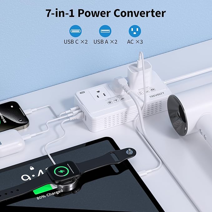 2000W Voltage Converter US to Europe for Hair Dryer, 220V to 110V Converter for European Travel with 3 AC 2 USBC 2 USBA Ports, European Travel Plug Adapter with Plug